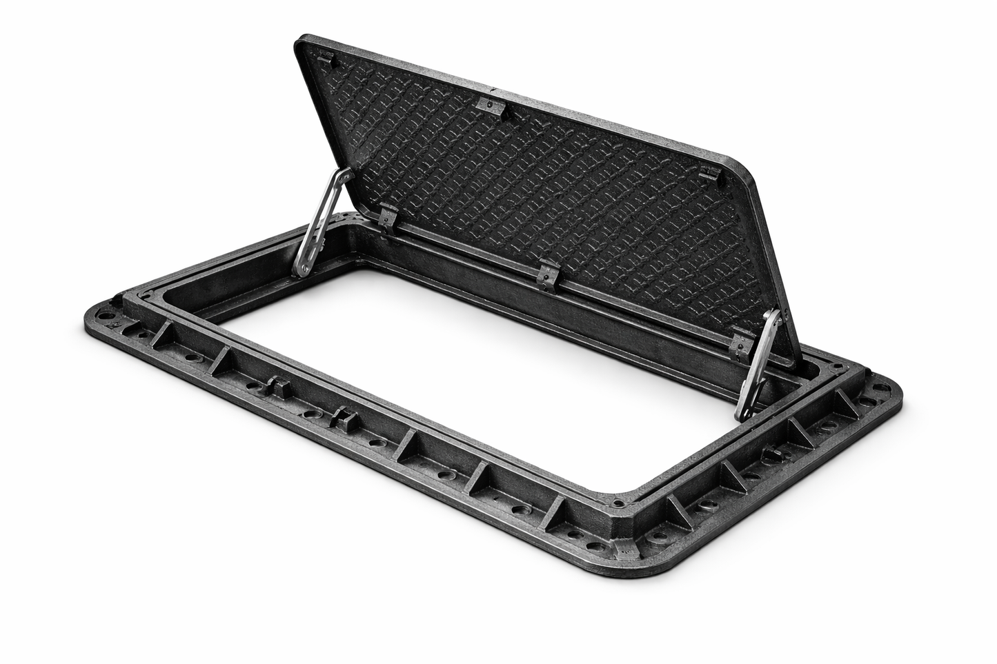 A black metal lid or cover is shown, with its top half open, revealing a flat surface underneath.