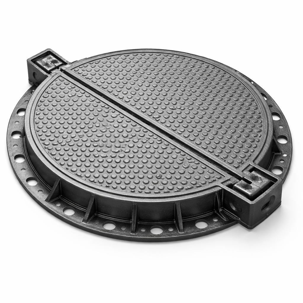 TAMPÃO DE FERRO FUNDIDO BIPARTIDO - 980 X 1280 MM - ARTICULADO - CL 125
