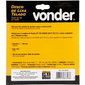Disco de lixa telado, 7" - 180 mm, grão 320, embalagem com 5 peças, VONDER
