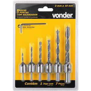 Jogo de brocas 3 pontas com escareador, 3 mm a 10 mm, jogo com 7 peças, VONDER