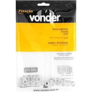 Porca sextavada 3/16" UNC, zincada, cartela com 20 peças, VONDER