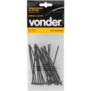 Abraçadeira de nylon, preta, 100 mm x 2,5 mm, com 20 peças, VONDER