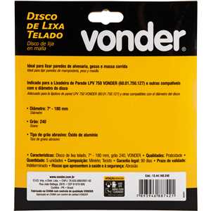 Disco de lixa telado, 7" - 180 mm, grão 240, embalagem com 5 peças, VONDER