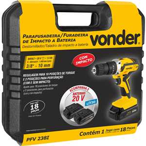 Parafusadeira/furadeira de impacto a bateria, 20 V, fonte de carregamento bivolt automática, com 2 baterias, PFV 238I VONDER