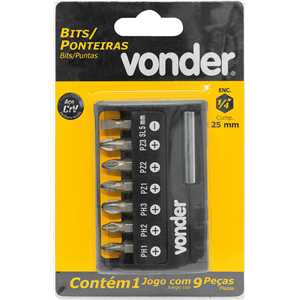 Jogo de bits/ponteiras, com 9 peças, encaixe sextavado 1/4", VONDER