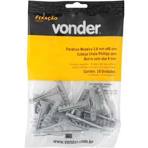 Parafuso madeira phillips, 3,8 mm x 40,0 mm, com bucha de nylon de 6,0 mm, VONDER