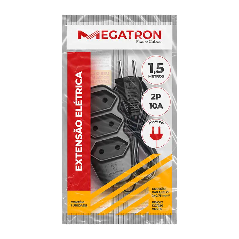 Extensão 1,5M Pl 3 Saída Preta 2P Megatron Bivolt