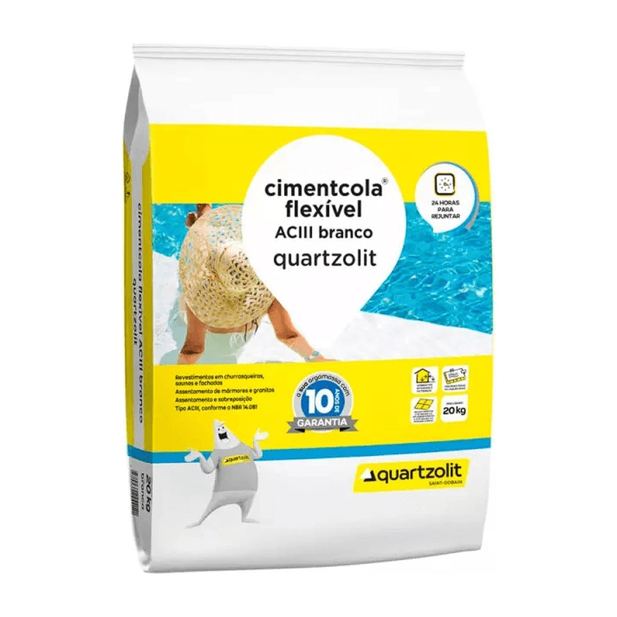 Argamassa colante AC III branca Quartzolit para porcelanato e pedras claras 20 kg