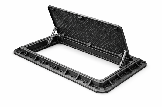 A black metal lid or cover is shown, with its top half open, revealing a flat surface underneath.