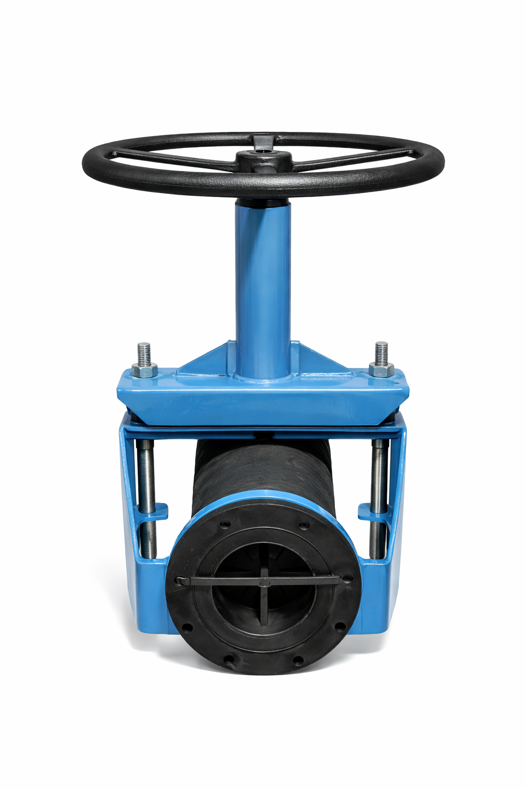 A blue and black industrial valve with a black steering wheel-like handle.