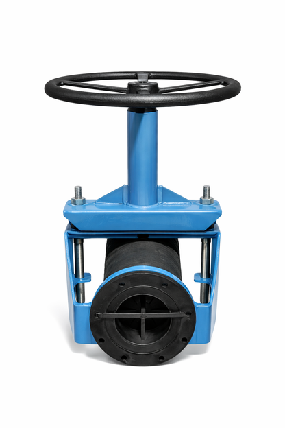 A blue and black industrial valve with a black steering wheel-like handle.