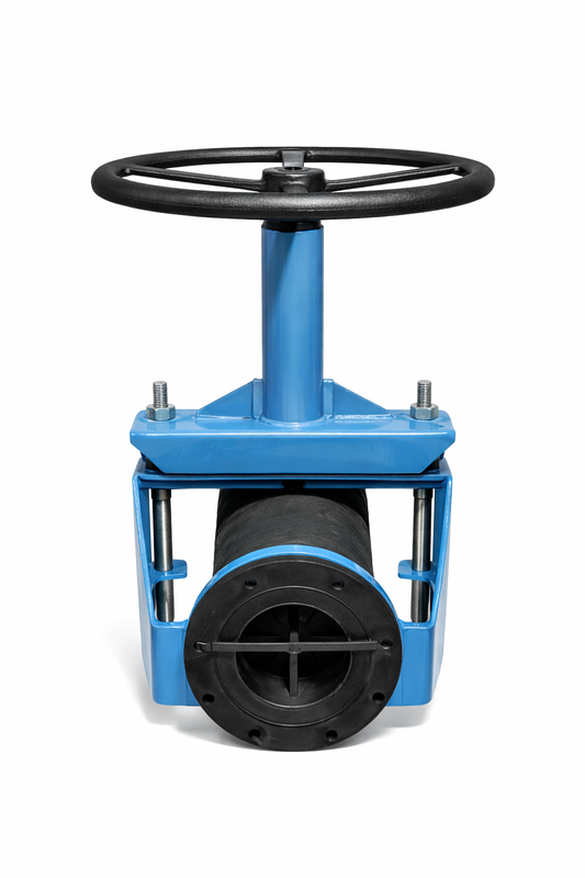 A blue and black industrial valve with a black steering wheel-like handle.
