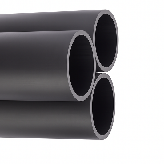A close-up view of three black metal pipes arranged in a triangular formation.