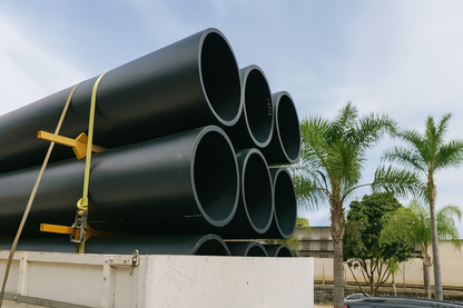 A white truck is carrying a stack of black pipes, with palm trees visible in the background.