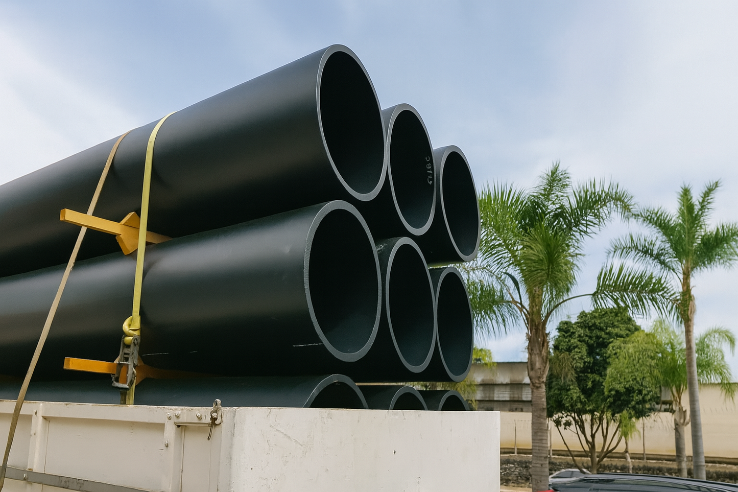 A white truck is carrying a stack of black pipes, with palm trees visible in the background.