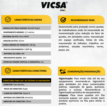 Trava Quedas Retrátil Duplo em Y c/ fita de 2,1 metros VIC-22051 Vicsa Danny