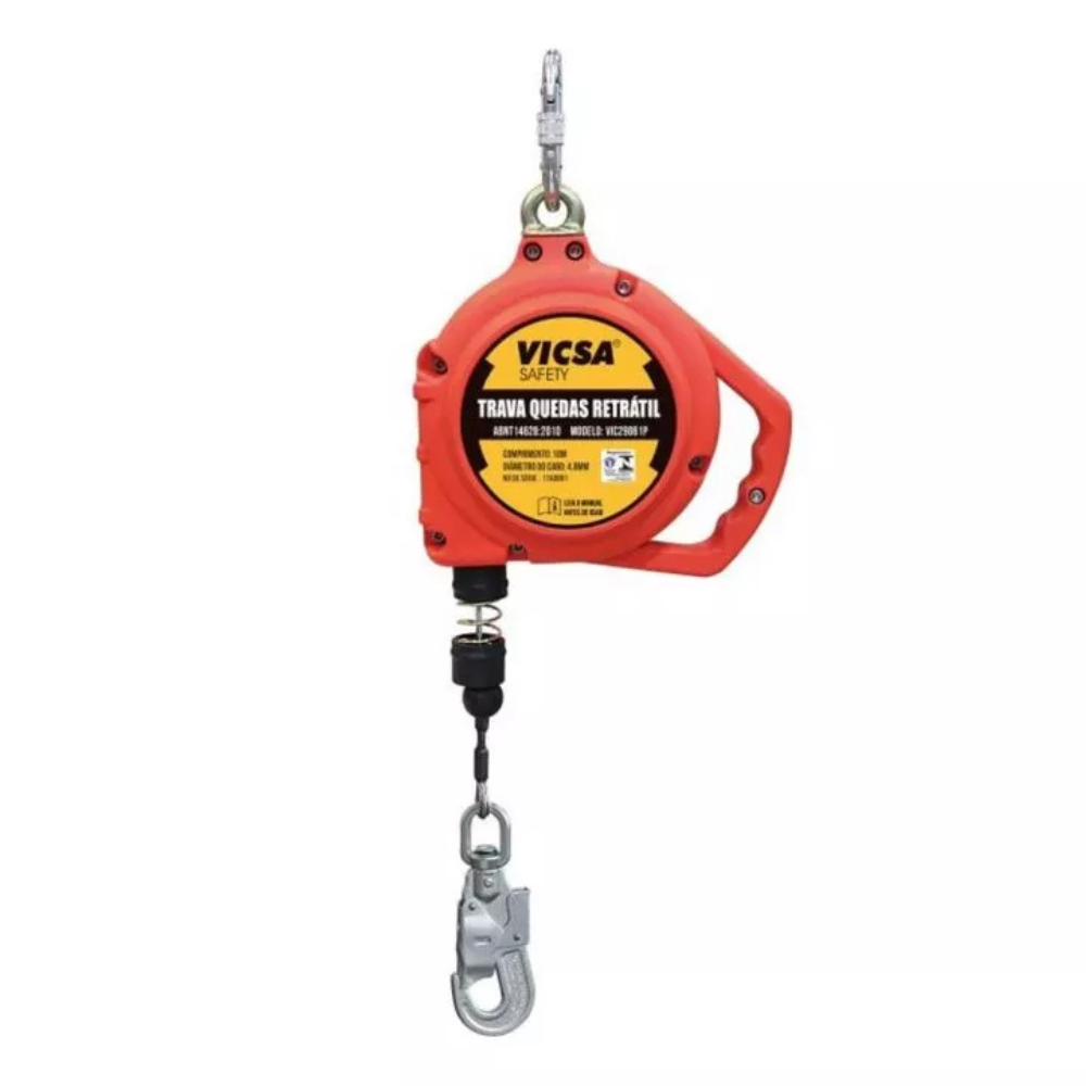 TRAVA QUEDAS RETRÁTIL COM CAIXA EM ABS E CABO DE AÇO 10M Modelos: VIC29061P (Galvanizado)  VIC29061N (Inox)