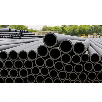 A large stack of gray pipes in various sizes and shapes, arranged in a visually appealing manner.