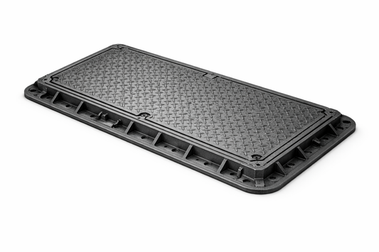 A rectangular, black, diamond-patterned metal plate or lid is shown against a white background.