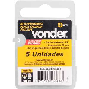 Bits/ponteira phillips com encaixe 1/4", nº 3 x 50 mm, com 5 peças, VONDER