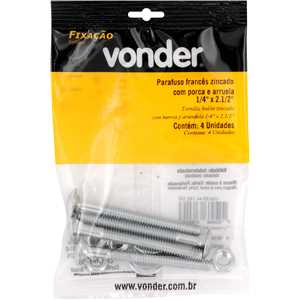 Parafuso francês zincado, 1/4" x 2.1/2", com porca e arruela, cartela com 4 conjuntos, VONDER
