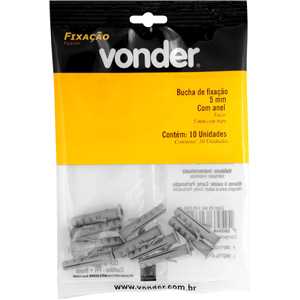 Bucha de nylon para fixação 5 mm, com anel, cartela com 10 peças, VONDER