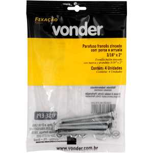 Parafuso francês zincado, 3/16" x 2", com porca e arruela, cartela com 4 conjuntos, VONDER
