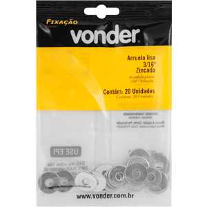 Arruela lisa 3/16", zincada, cartela com 20 peças, VONDER