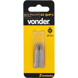 Bits/ponteira phillips S2, encaixe 1/4", nº 1, 3/16" x 38 mm, com 2 peças VONDER