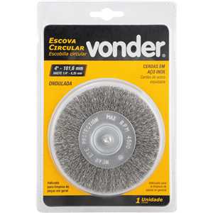 Escova circular 4", cerdas em aço inox, 4.500/min, com haste 1/4", VONDER