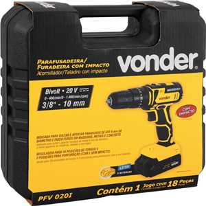 Parafusadeira/furadeira de impacto a bateria, 20 V, fonte de carregamento bivolt automática, PFV 020I VONDER