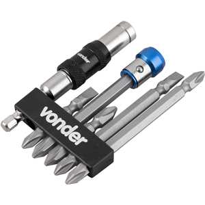 Jogo de bits/ponteiras com 8 peças, encaixe sextavado de 1/4", com extensão magnética articulada, VONDER