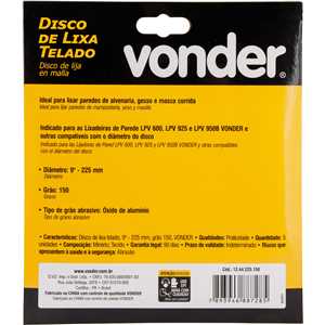 Disco de lixa telado, 9" - 225 mm, grão 150, embalagem com 5 peças, VONDER