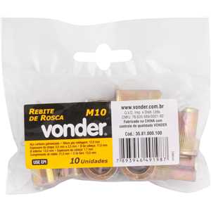 Rebite de rosca em aço carbono, rosca M10 x 21,0 mm, VONDER