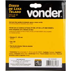 Disco de lixa telado, 9" - 225 mm, grão 320, embalagem com 5 peças, VONDER