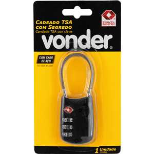 Cadeado TSA com segredo, 3 algarismos, com cabo de aço, preto, VONDER