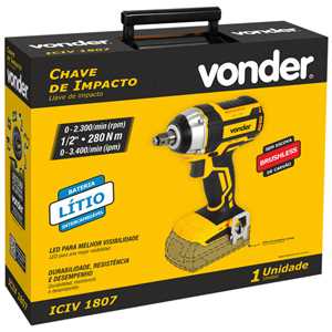 Chave de impacto, bateria intercambiável 18 V, encaixe de 1/2", sem bateria e sem carregador, ICIV 1807 VONDER