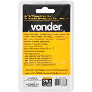 Jogo de bits/ponteiras com 8 peças, encaixe sextavado de 1/4", com extensão magnética articulada, VONDER