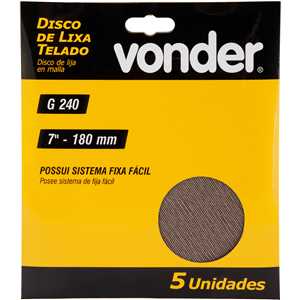 Disco de lixa telado, 7" - 180 mm, grão 240, embalagem com 5 peças, VONDER