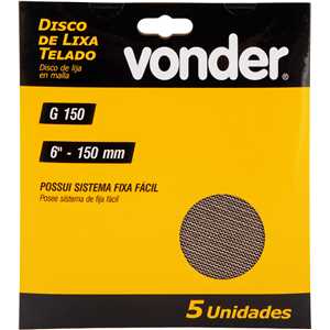 Disco de lixa telado, 6" - 150 mm, grão 150, embalagem com 5 peças, VONDER