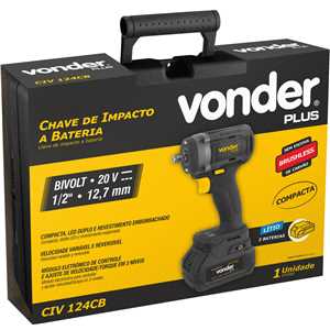 Chave de impacto, bateria 20 V, encaixe de 1/2", fonte de carregamento bivolt automático, CIV 124CB, VONDER PLUS