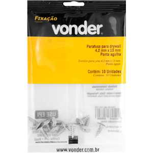 Parafuso para drywall, ponta agulha, cabeça flangeada, 4,2 mm x 13 mm, cartela com 10 peças, VONDER