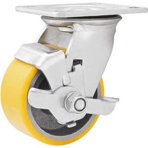 Rodízio giratório 6", de poliuretano e ferro fundido, amarelo, com freio, VONDER