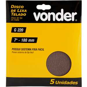 Disco de lixa telado, 7" - 180 mm, grão 220, embalagem com 5 peças, VONDER