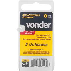 Jogo de bits ponteira pozidrive, com encaixe 1/4", nº 1 x 75 mm, VONDER