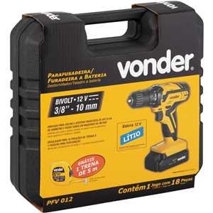 Parafusadeira/furadeira a bateria, 12 V, fonte de carregamento bivolt automática, PFV 012 VONDER.