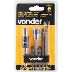 Jogo de bits/ponteiras com 8 peças, encaixe sextavado de 1/4", com extensão magnética articulada, VONDER