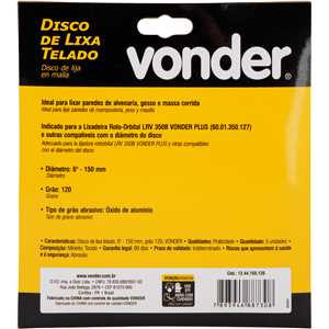 Disco de lixa telado, 6" - 150 mm, grão 120, embalagem com 5 peças, VONDER