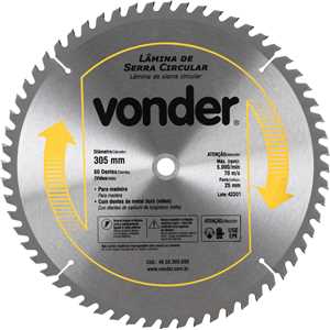 Lâmina de serra circular com dentes de metal duro/vídea, 305 mm x 25,4 mm, 60 dentes, VONDER