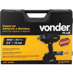 Chave de impacto, bateria 20 V, encaixe de 3/4", fonte de carregamento bivolt automático, CIV 234B, VONDER PLUS